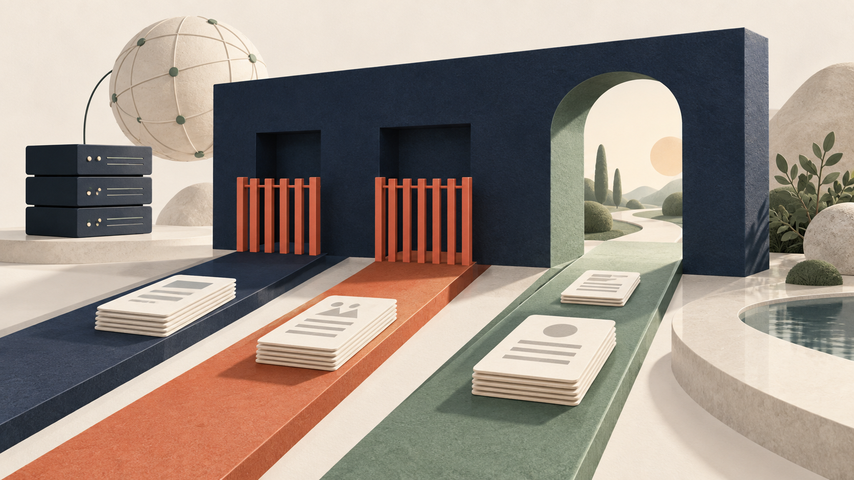 AI-generated editorial illustration of selective gates controlling paths to website documents.