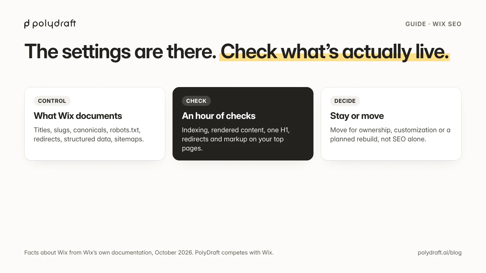 Wix SEO in three steps: what Wix documents you can control, an hour of checks on your most important pages, and when moving to another platform is worth it.