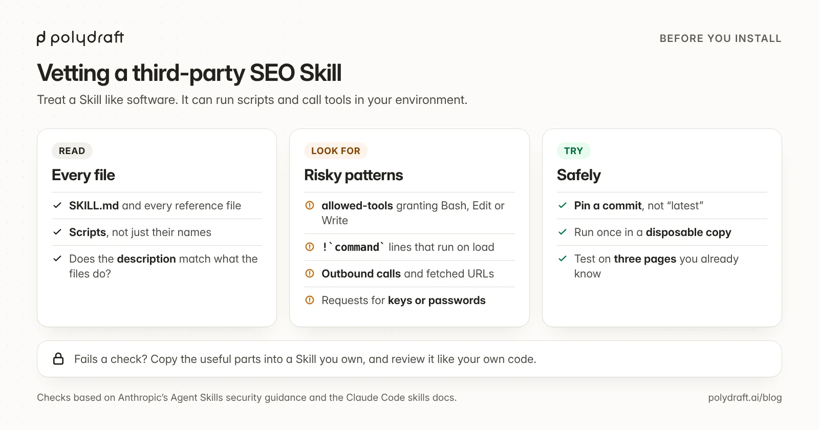 A checklist for vetting a third-party Claude SEO Skill before installing it, grouped into what to read, what to look for, and how to try it safely.