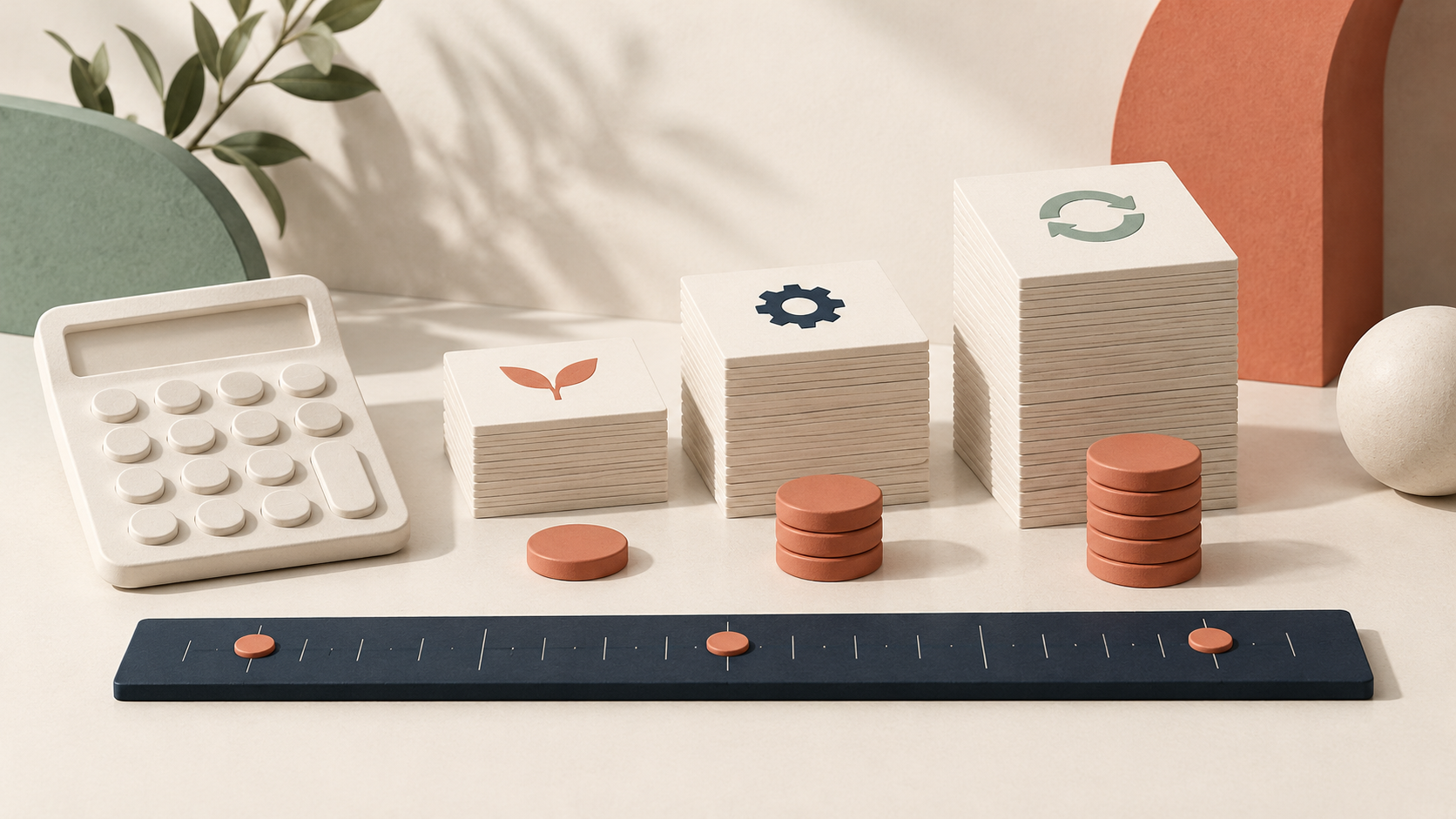 AI-generated editorial illustration of a calculator, cost-card stacks and a timeline ruler.