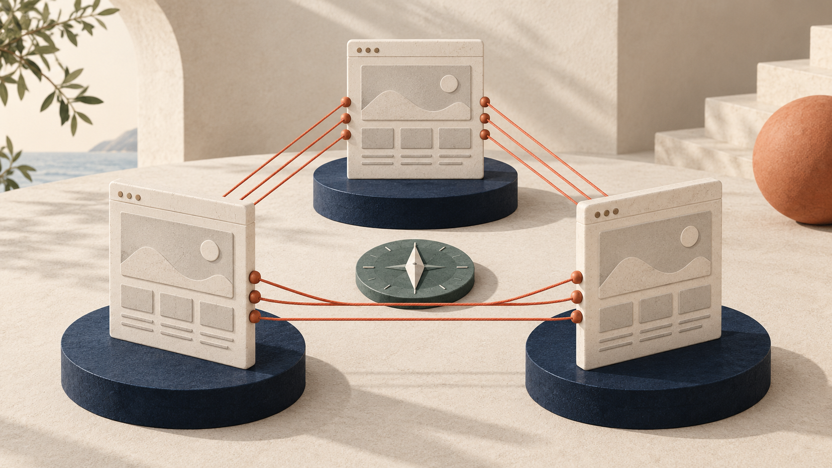 AI-generated editorial illustration of three equivalent webpage panels linked across language versions.