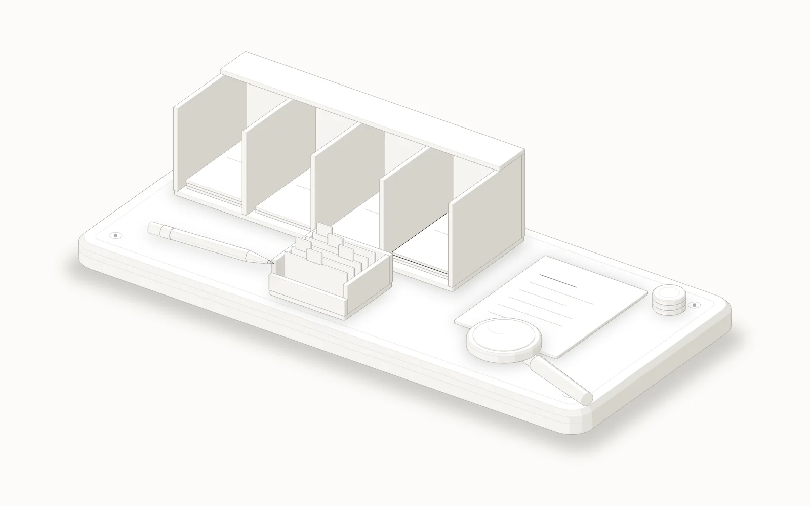 A four-slot sorting rack for hosted builders, visual platforms, static site generators and AI-built sites you own, with a brief and a magnifier in front: choose by who maintains the site after launch.