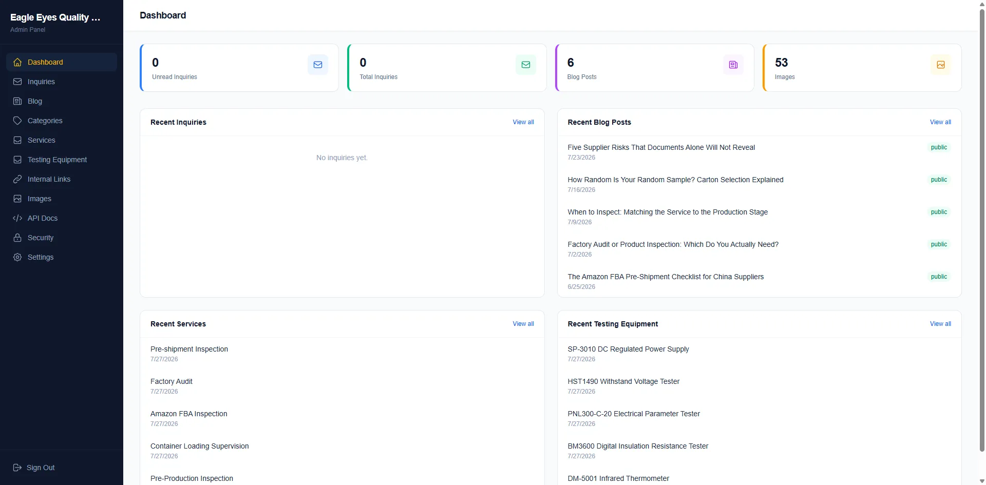 Website administration dashboard with blog and inquiry management