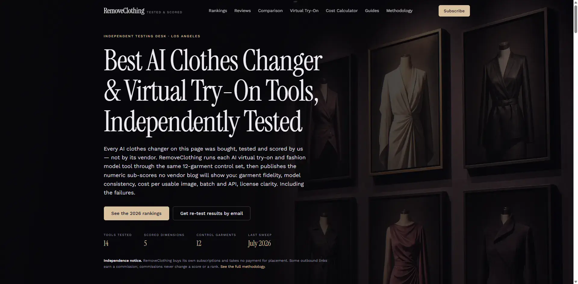 Moody gallery of mannequins in dramatic lighting used as a product hero visual