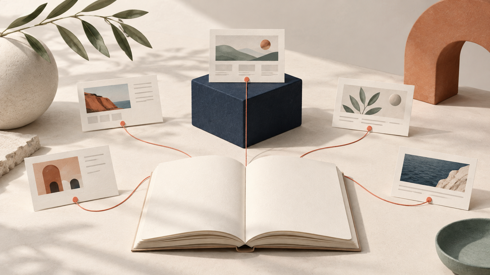 AI-generated editorial illustration of a curated index booklet connected to selected webpage cards.