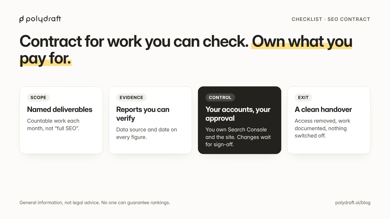 Four things an SEO contract should secure: named deliverables, reports you can verify, your own accounts with approval before changes, and a clean handover when the contract ends.