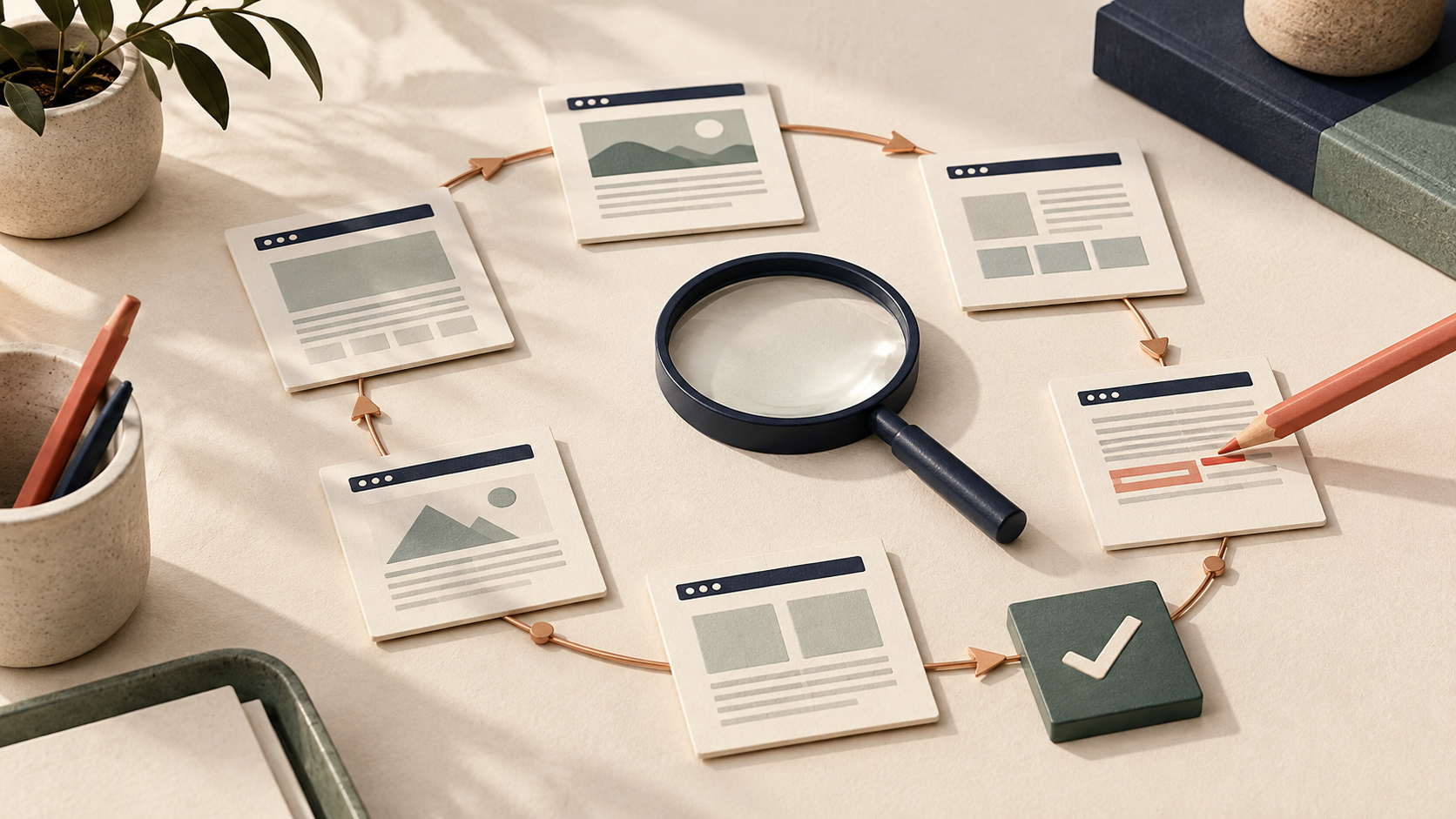 AI-generated editorial illustration of paper webpage cards, a magnifying glass and an approval tile.