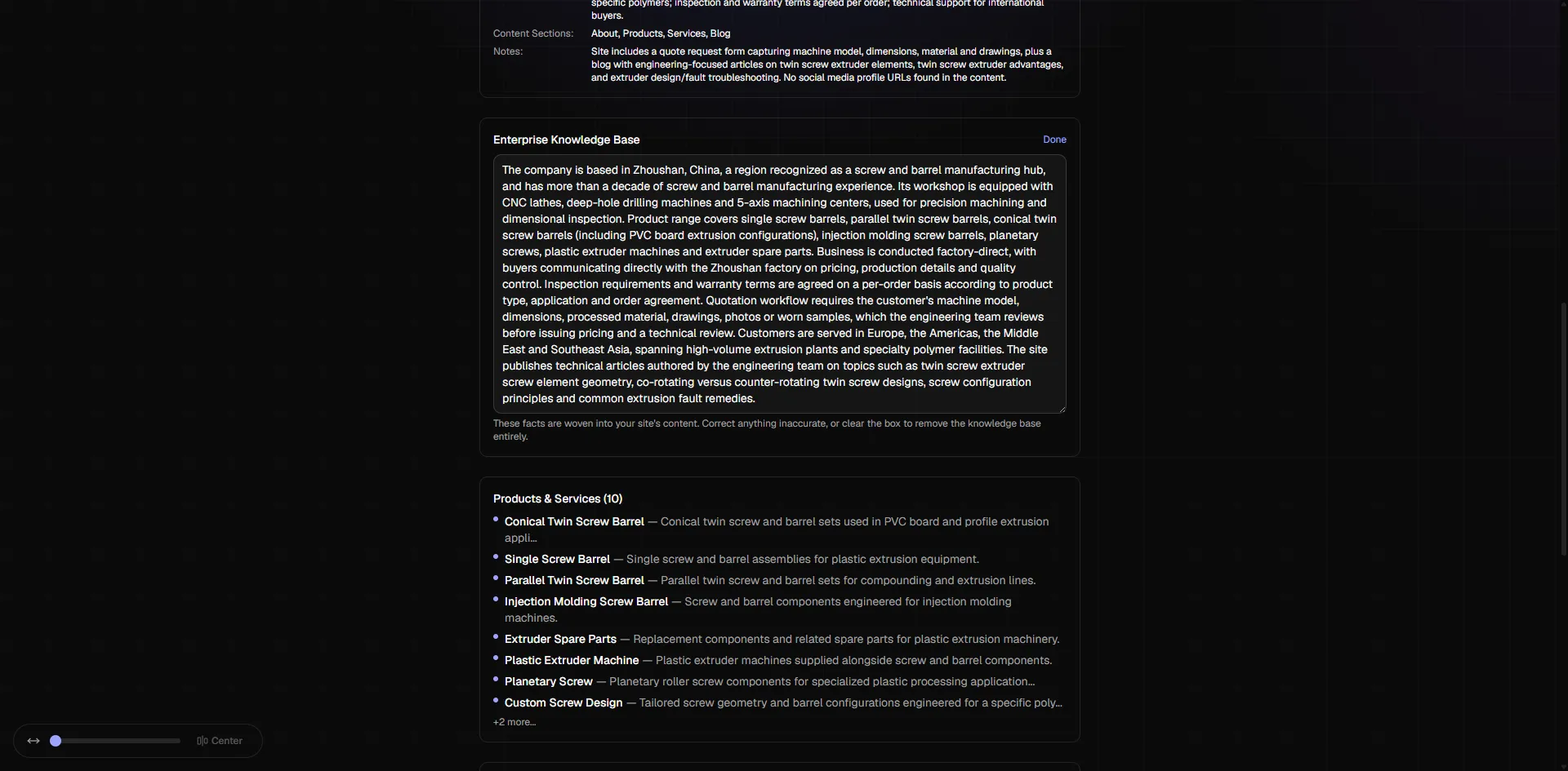 Business knowledge base and product facts in the PolyDraft review interface
