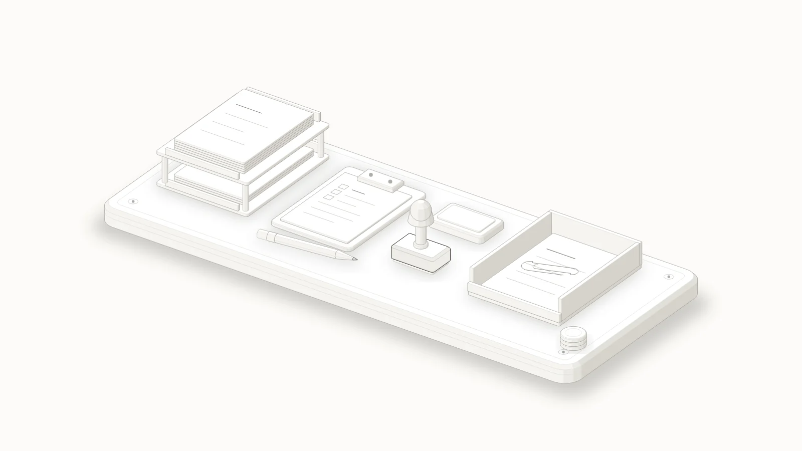 A desk with an in-tray of evidence, a draft on a clipboard, an approval stamp and an out-tray: agents draft, a named person approves, then the change is published and checked.