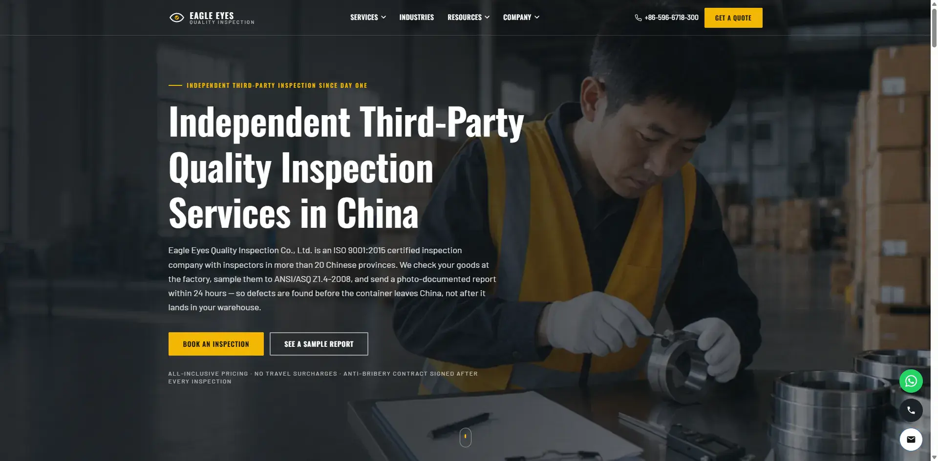 Quality inspector examining a metal component during a factory inspection