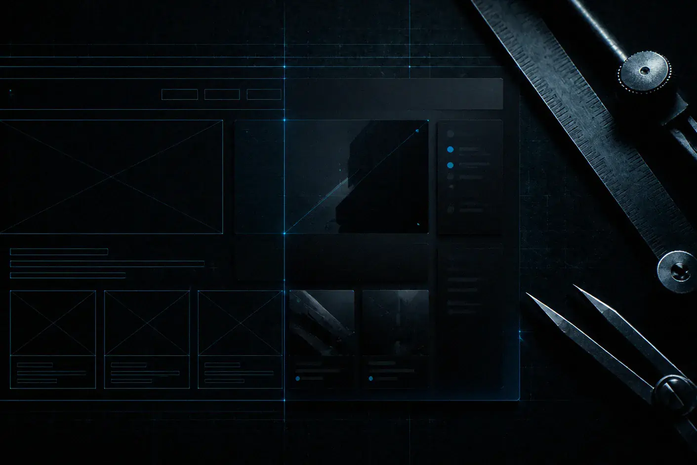 Technical blueprint transitioning into a finished website interface