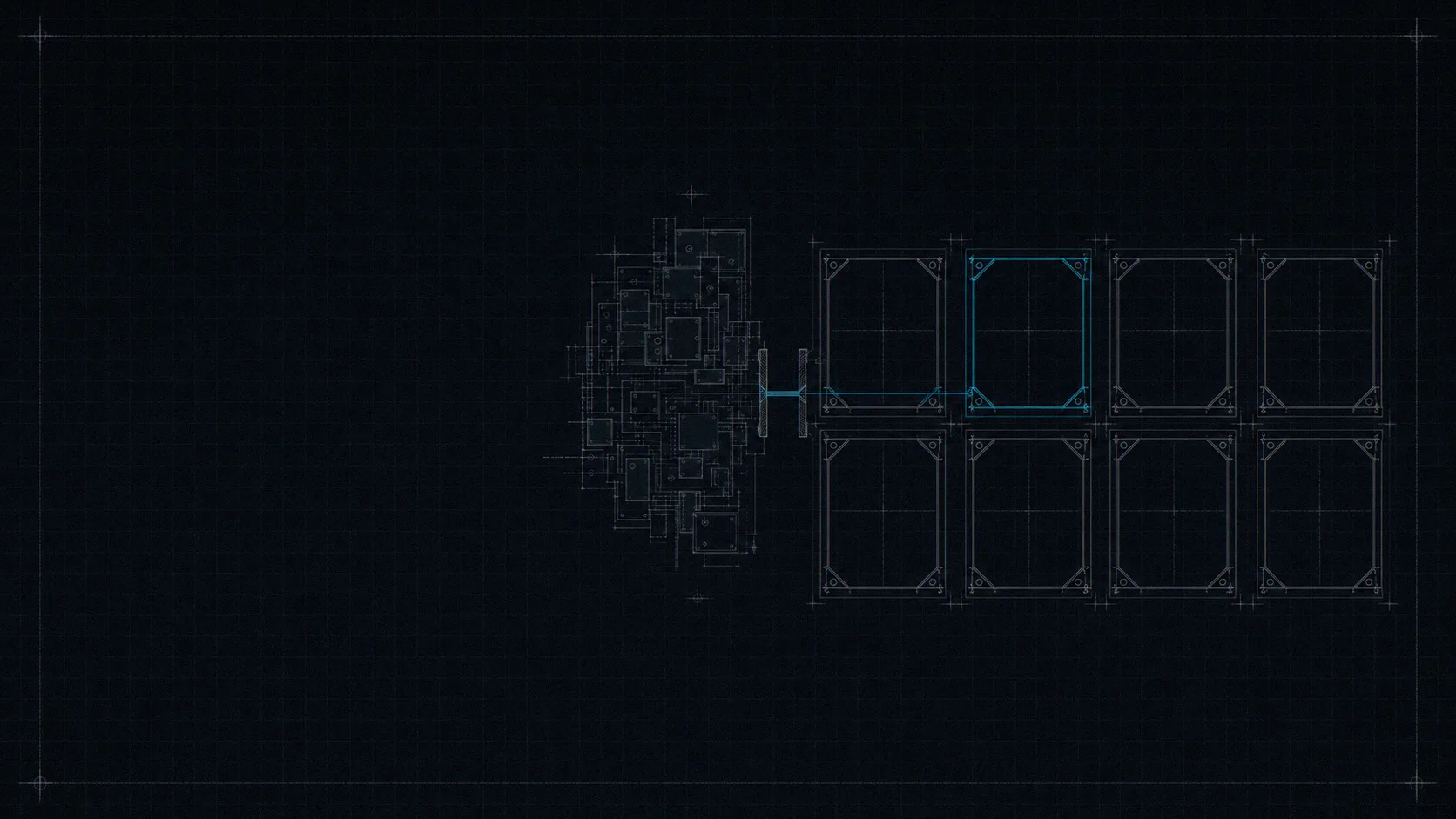 An eight-cell evaluation matrix drawn in fine blueprint line work