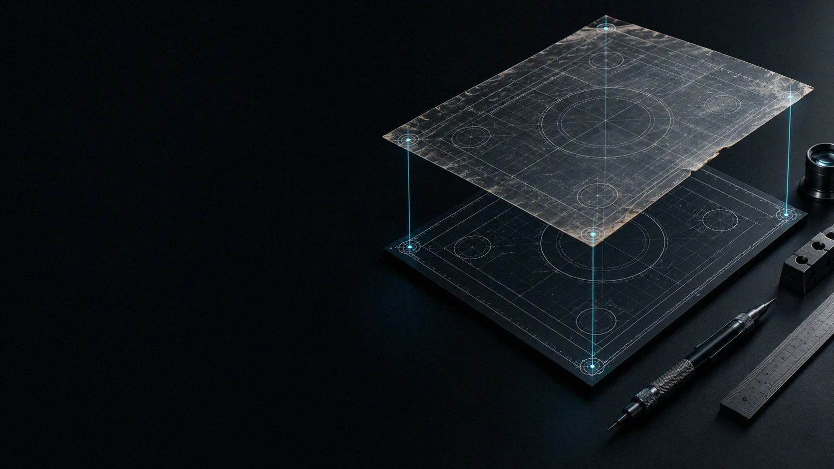 An old translucent grid aligned to a new frame by cyan registration points