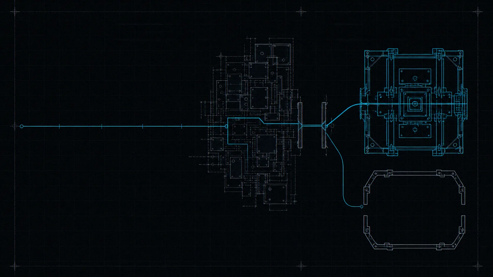 A gate splitting one path into a solid rendered form and a hollow outline
