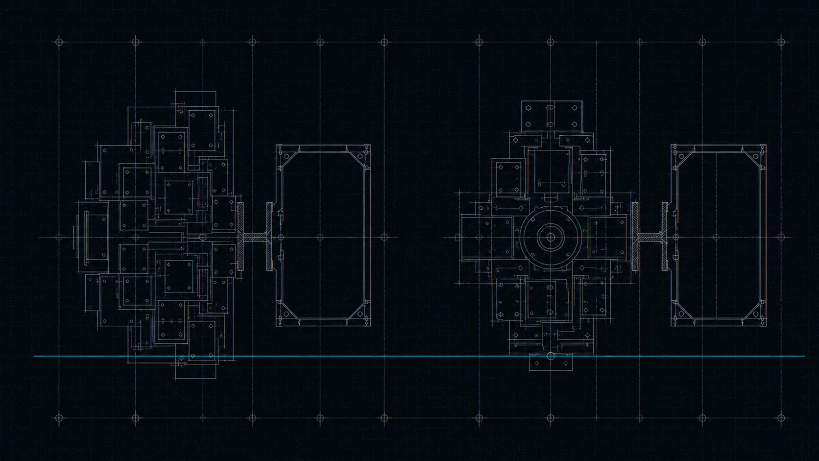 Two paired assemblies aligned against one shared datum line