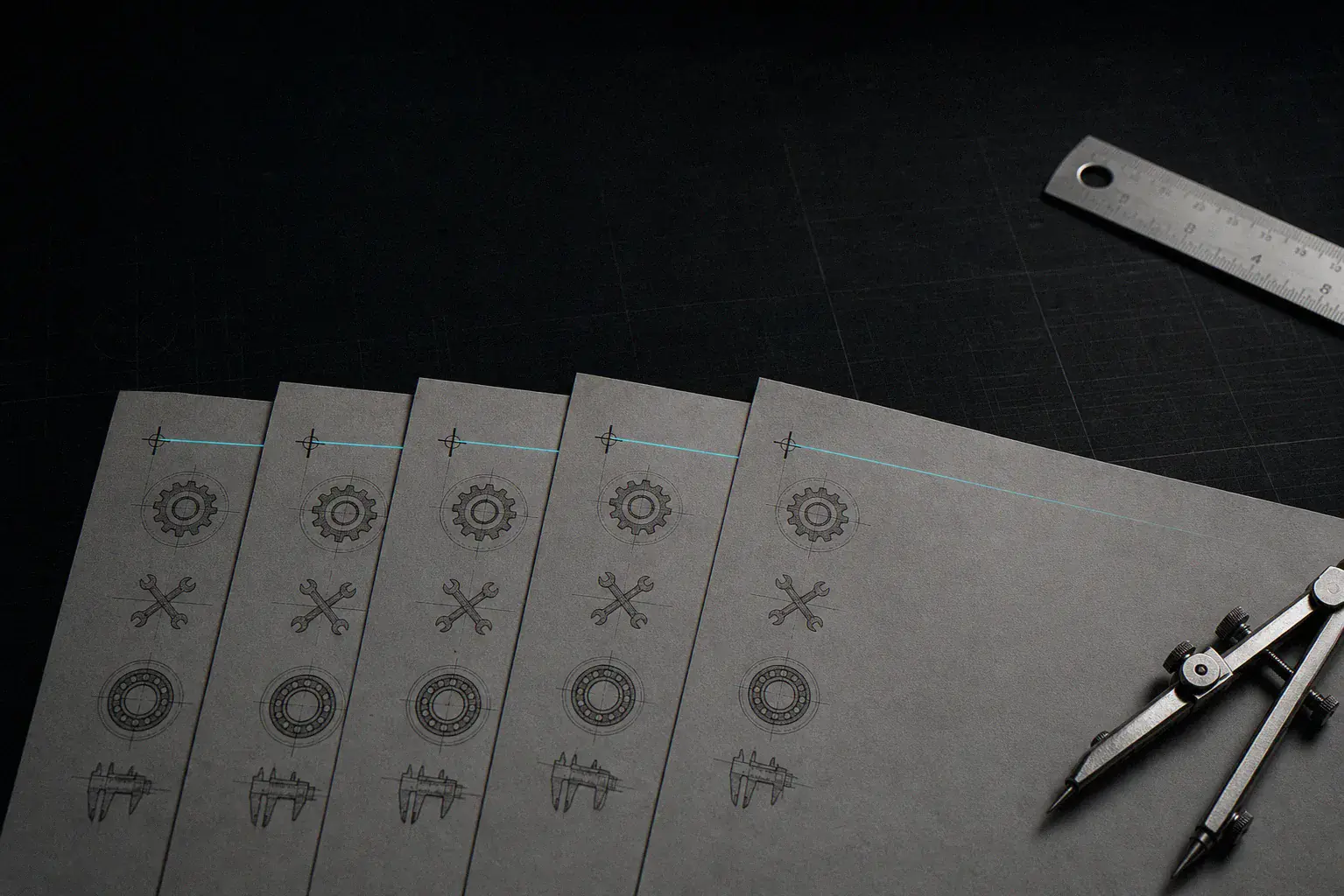 Parallel drafting sheets aligned by matching registration marks along their edges
